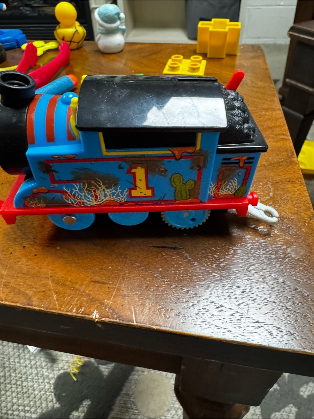 Blue Kids Toy Train Engine with Red Accents
